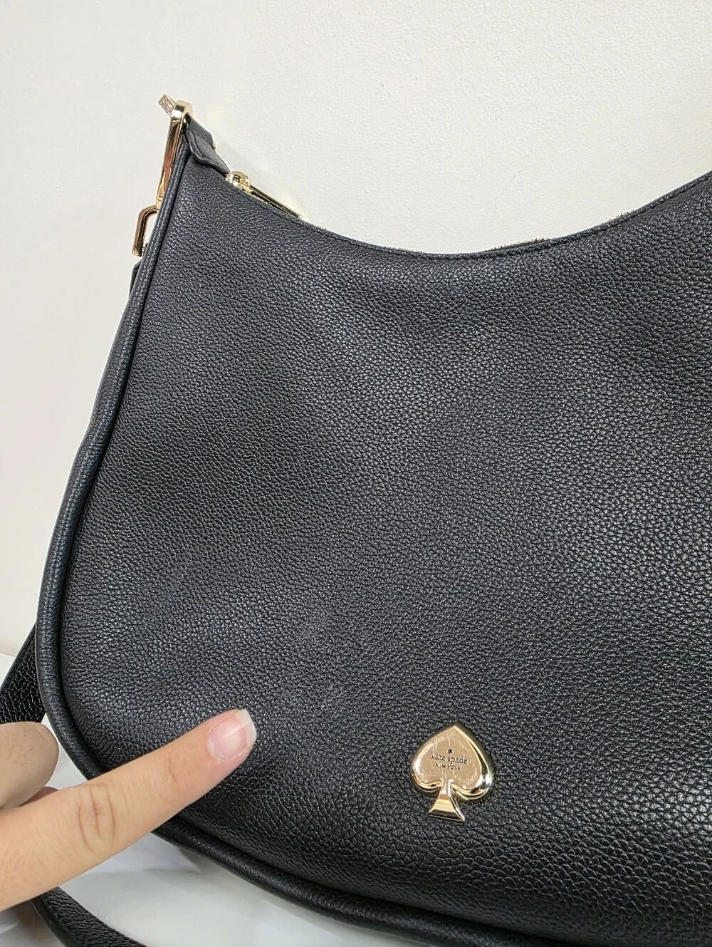 kate spade Kayla Black Pebbled Leather Shoulder Hobo with Gold Spade Accent